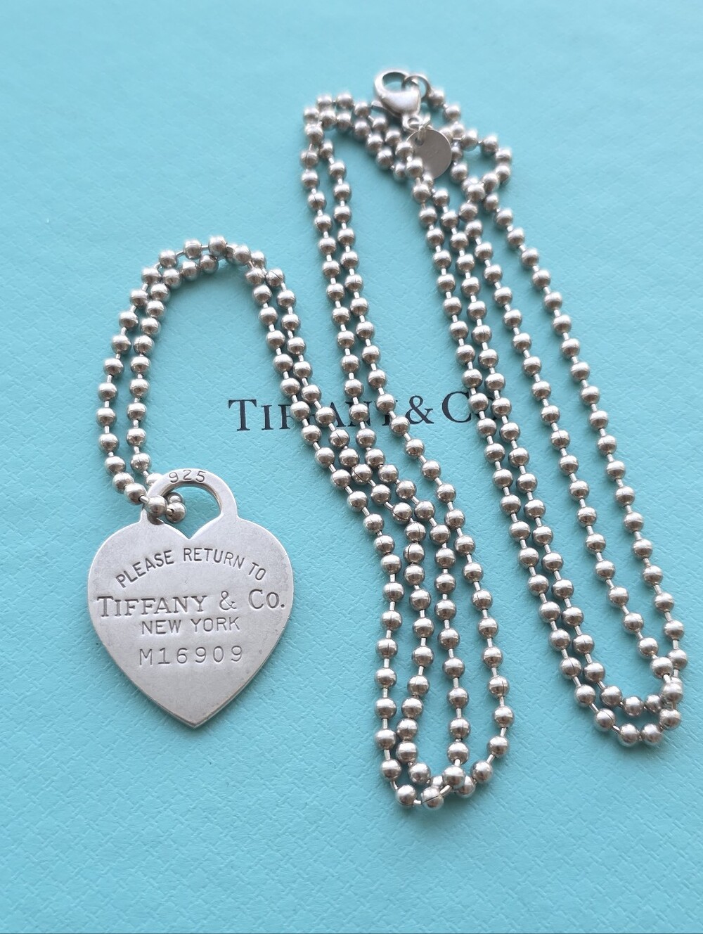Retired 34" Long Return to Tiffany heart tag bead necklace.